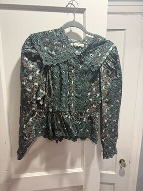 Ulla Johnson Teal Floral Lace-Trim Button Blouse